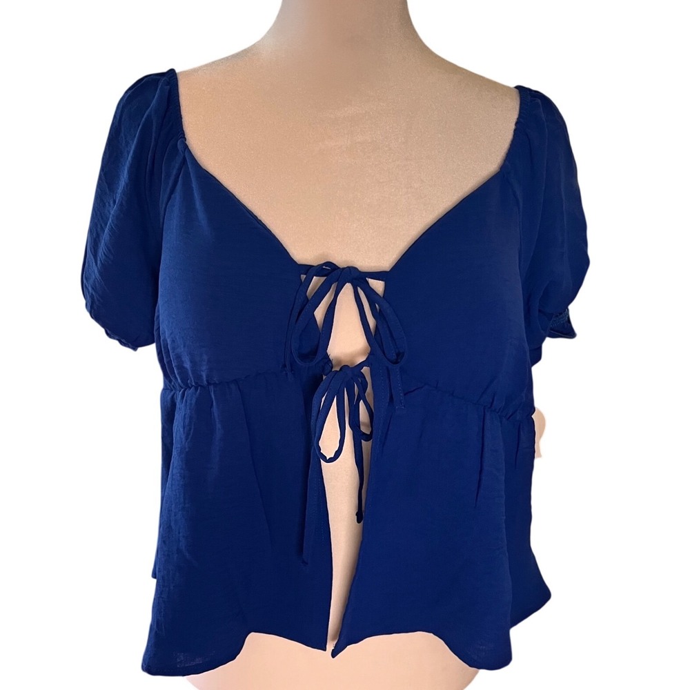 Jolie & Joy Blue Tie Front Puff Sleeve Boho Peplum Women's Top Large NEW